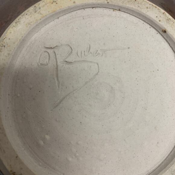 Artist Signed oRuchat Blue Brown Decorative Glazed Ceramic Lidded Pottery - Picture 8 of 10